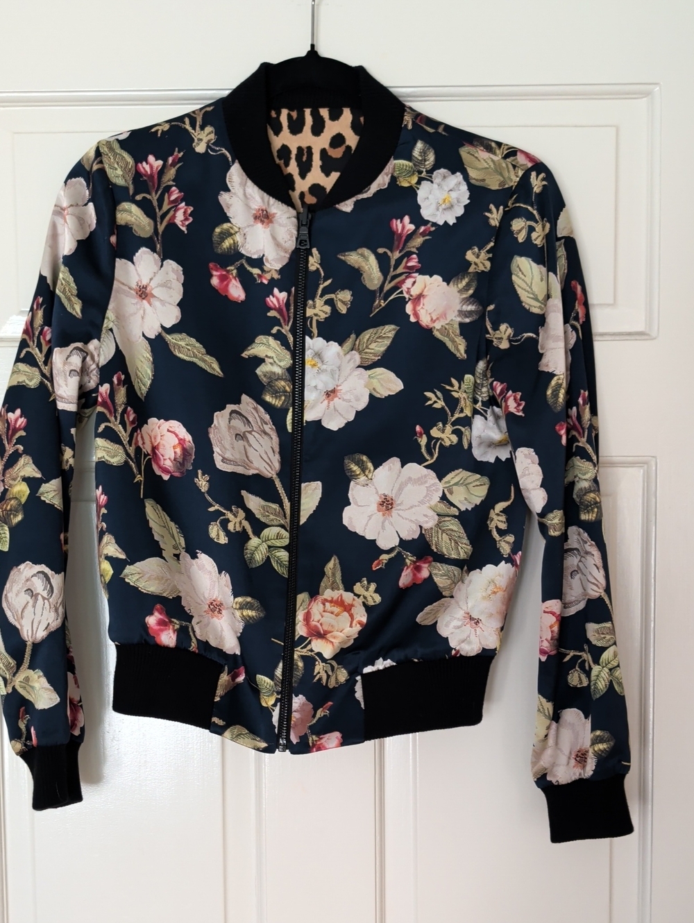 Alice + Olivia Navy Floral Bomber Jacket with Pink and Cream Blossoms
